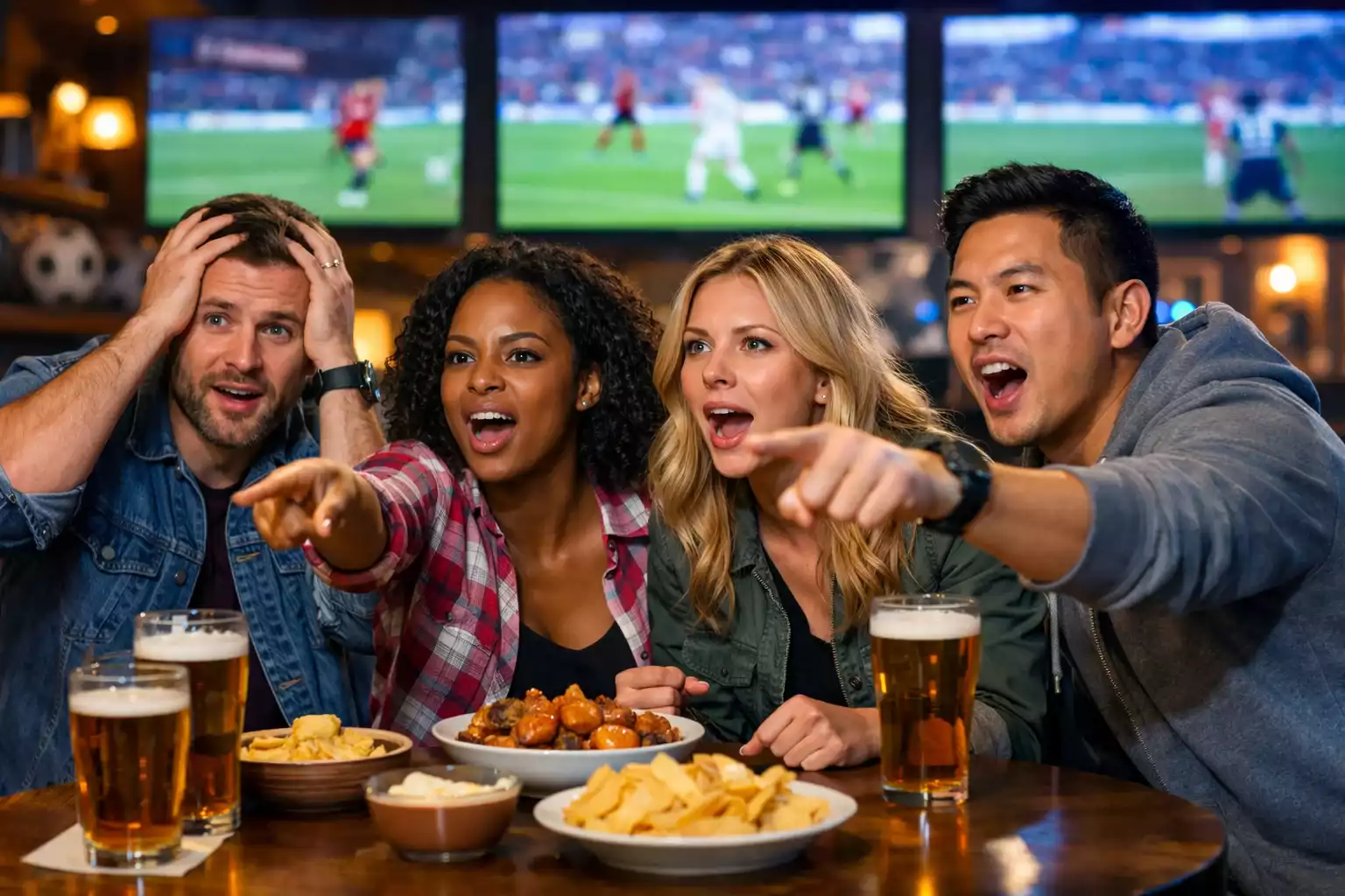 Grupo de aficionados viendo un partido de fútbol en directo con gran emoción en un bar deportivo