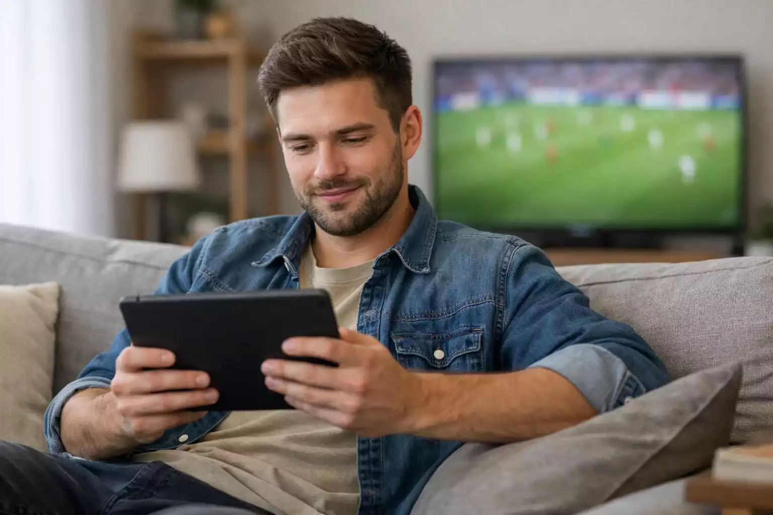 Joven apostador usando tablet mientras ve partido de fútbol en televisión