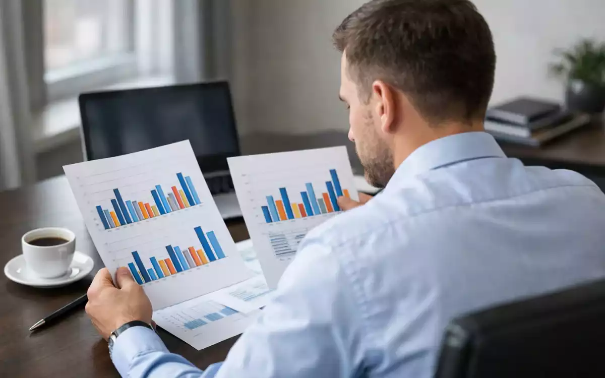 Analista revisando documentos con gráficos de comparación en escritorio profesional