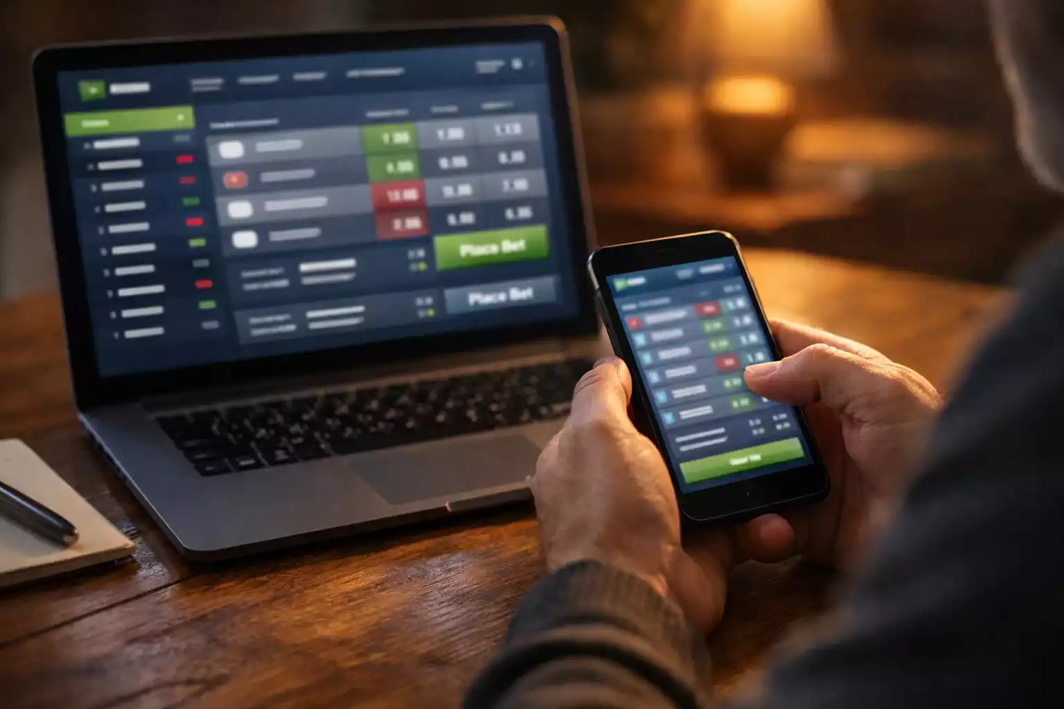 Persona usando aplicación de apuestas deportivas en smartphone junto a portátil