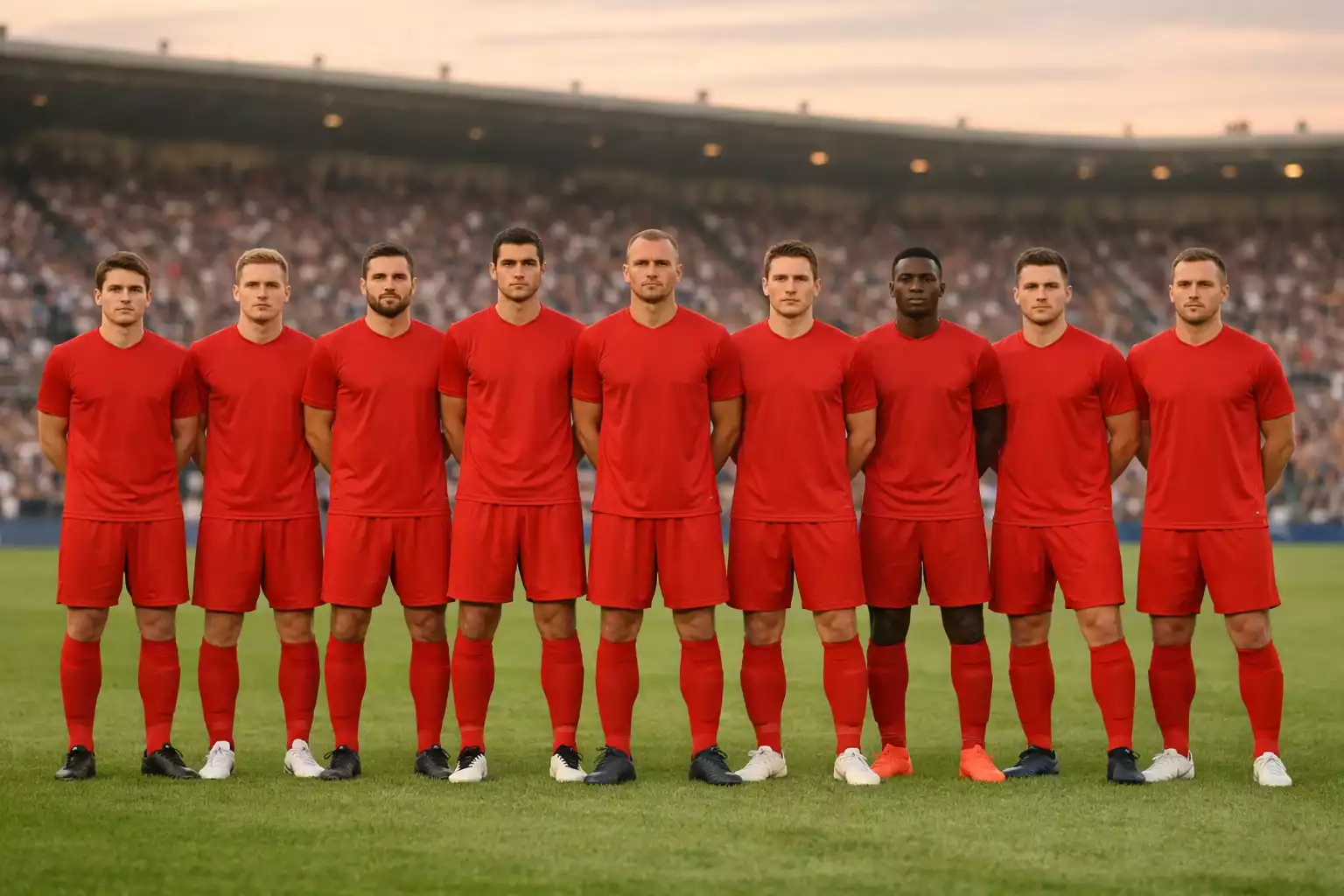 Selección nacional de fútbol formada antes del partido en campo de hierba