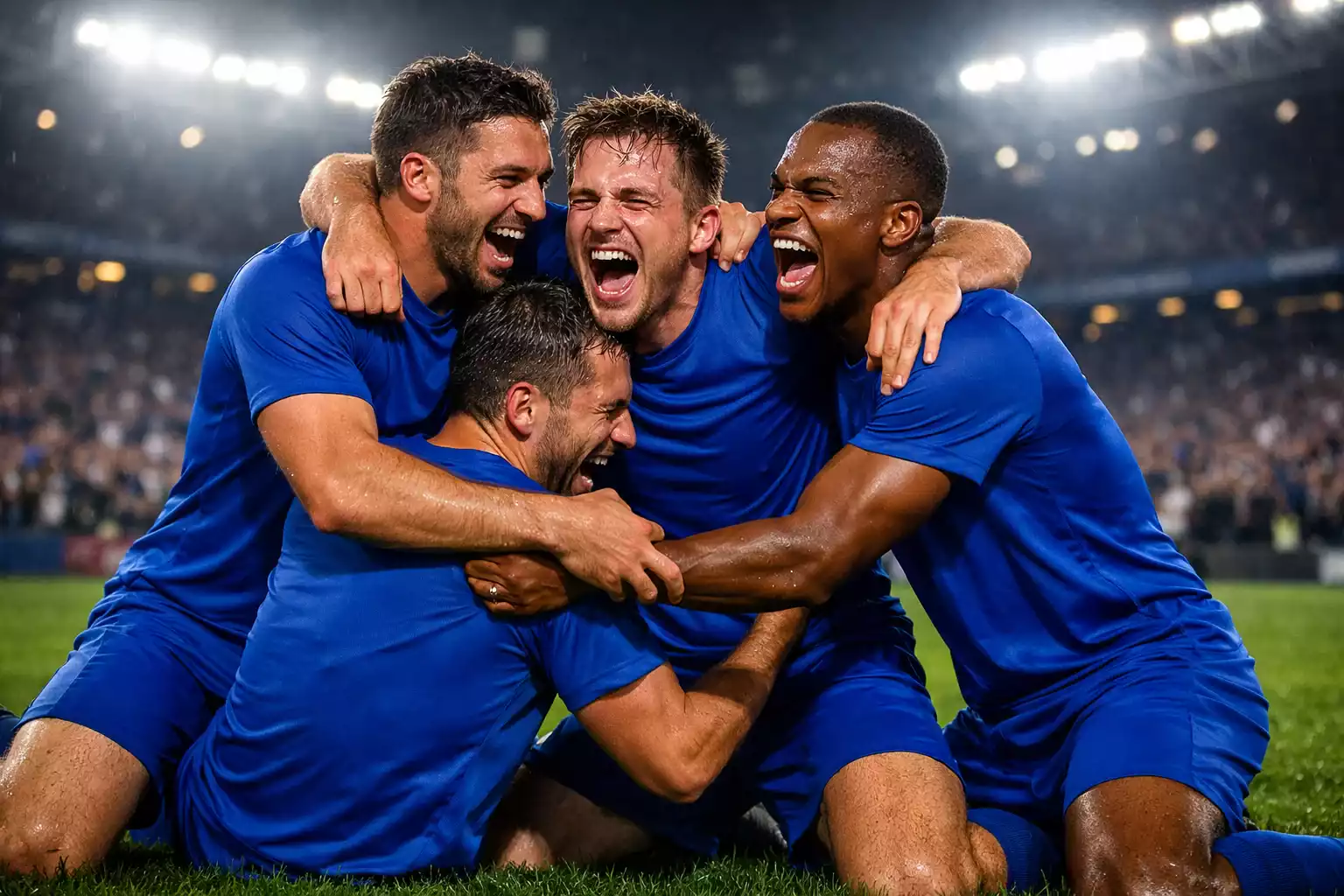 Jugadores de fútbol celebrando gol en estadio lleno durante partido nocturno