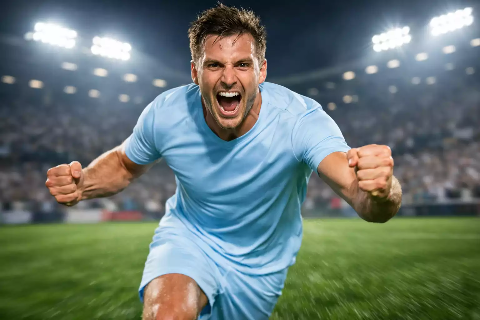 Delantero profesional celebrando gol corriendo hacia la cámara en césped