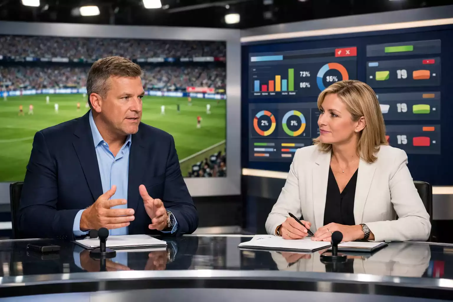 Periodistas deportivos analizando partido en estudio de televisión con pantallas