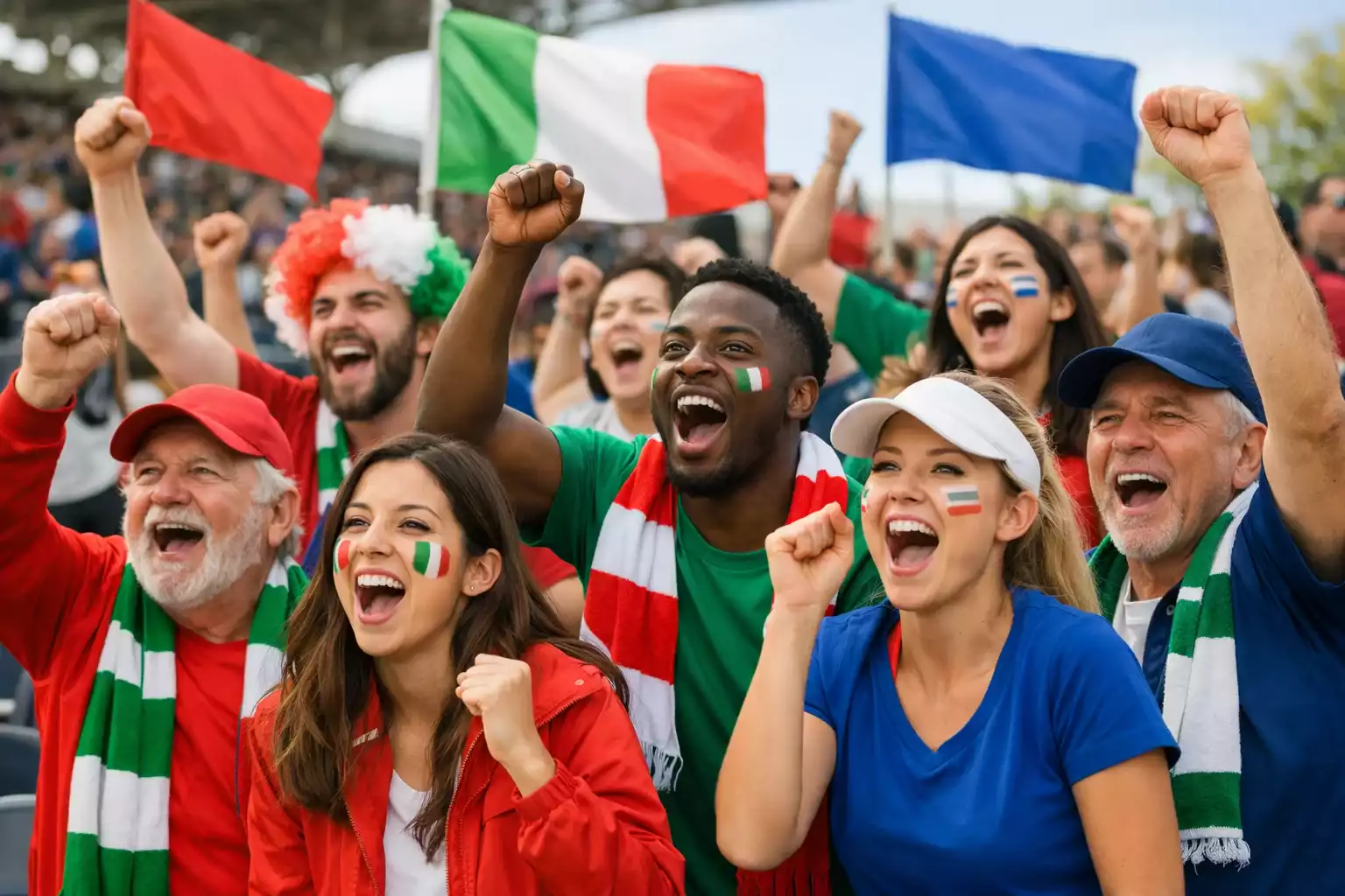 Aficionados marroquíes y japoneses celebrando con banderas en grada de estadio