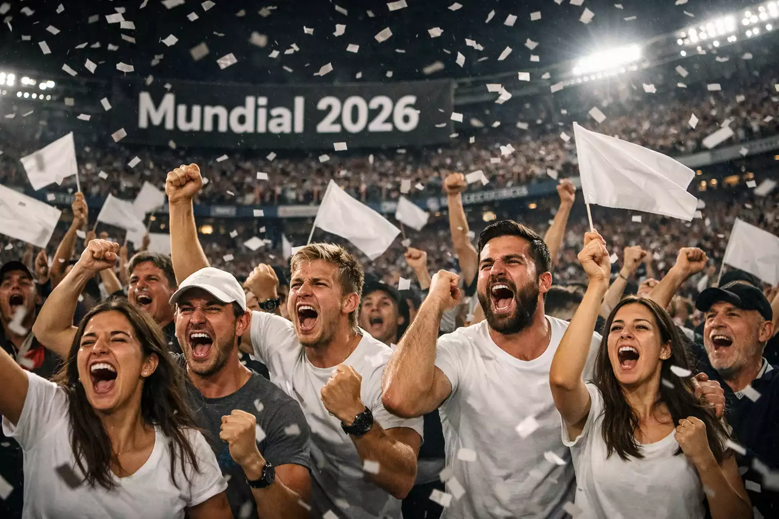 Aficionados celebrando en un estadio de fútbol durante el Mundial
