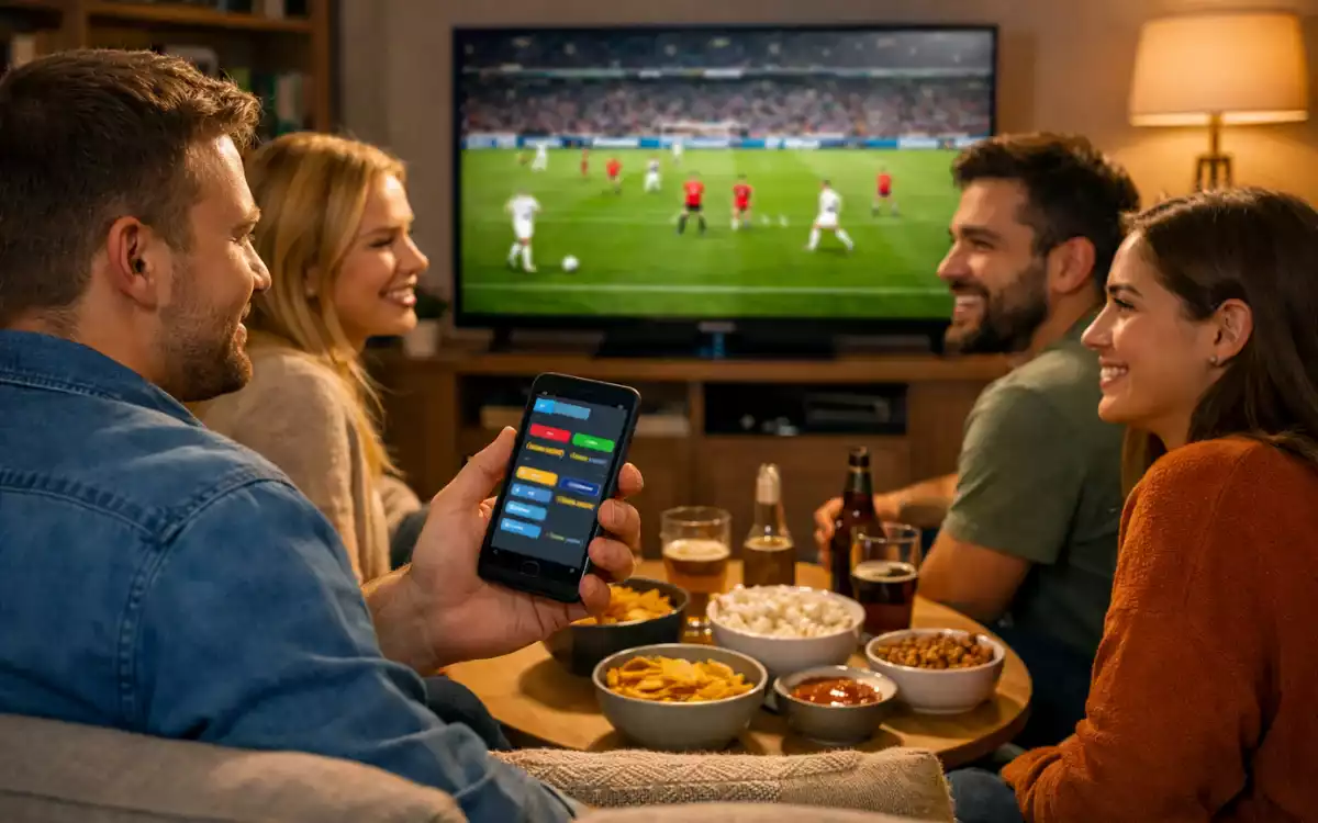 Grupo de amigos disfrutando responsablemente de un partido de fútbol