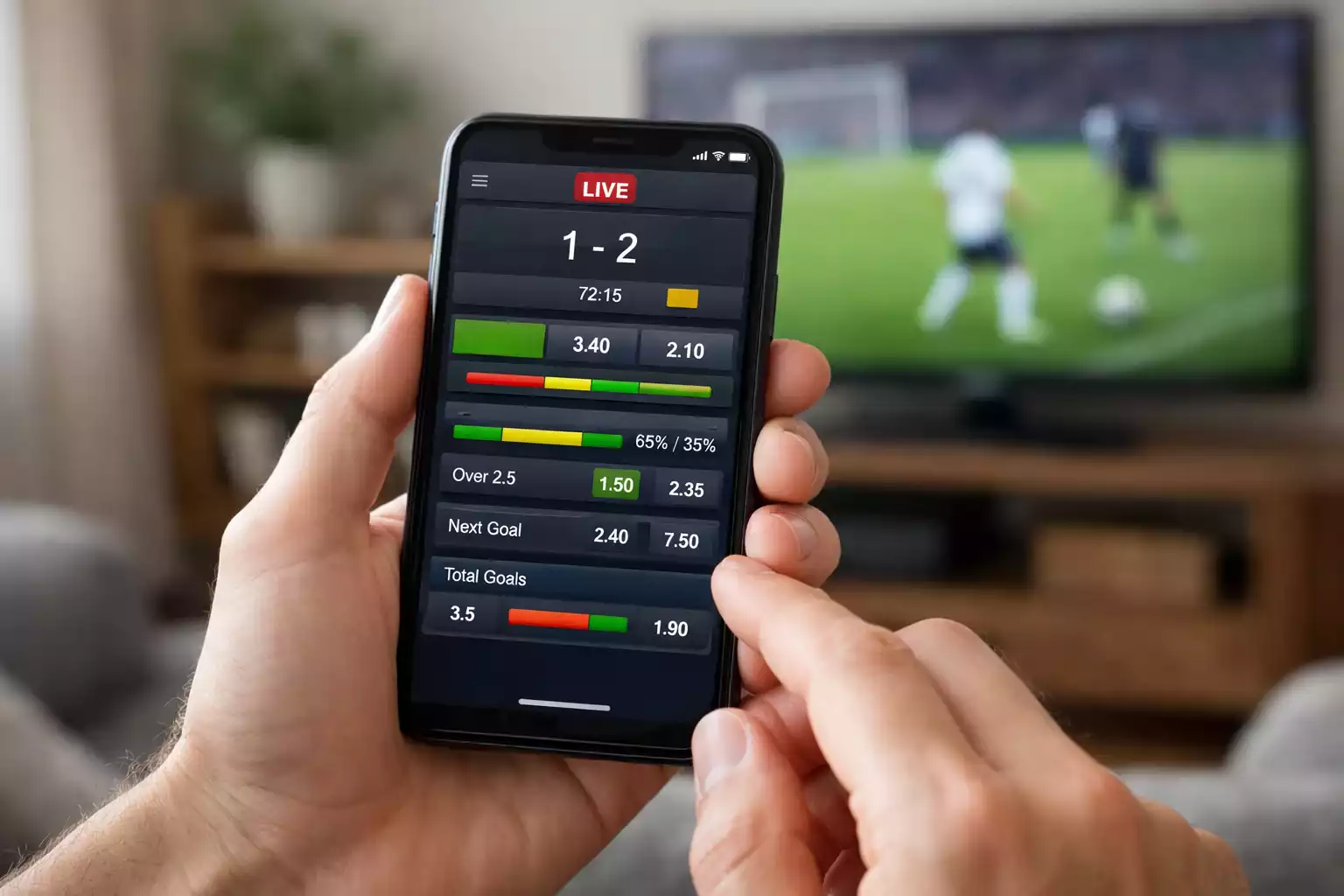 Persona observando pantalla de smartphone con aplicación de apuestas deportivas en vivo