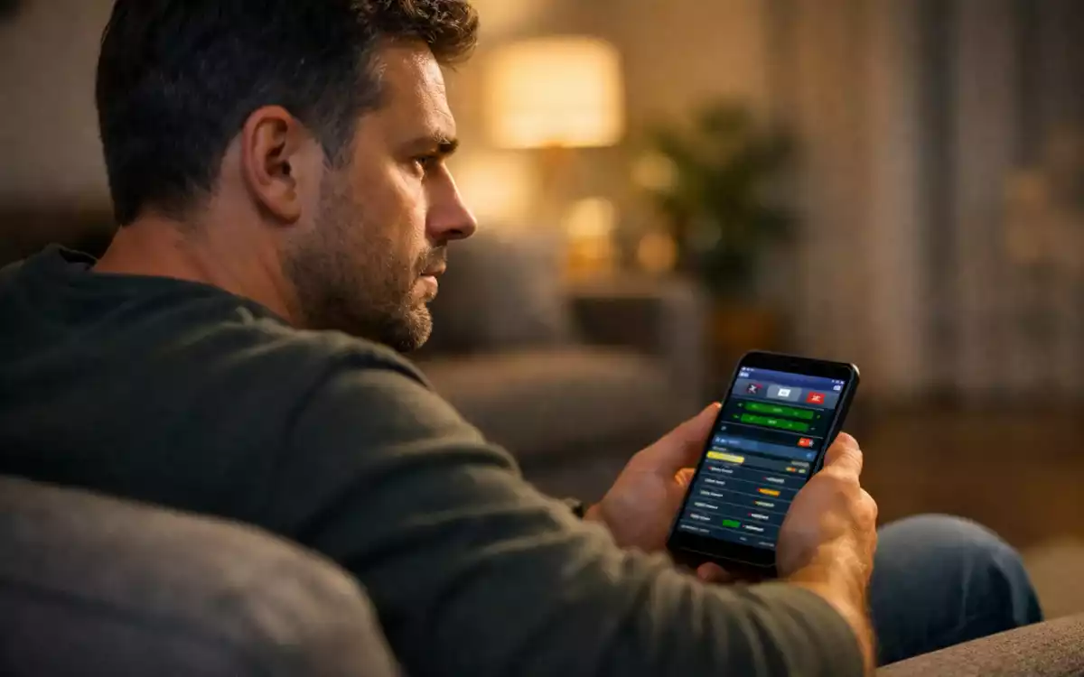 Aficionado concentrado viendo partido de fútbol en televisión con expresión atenta