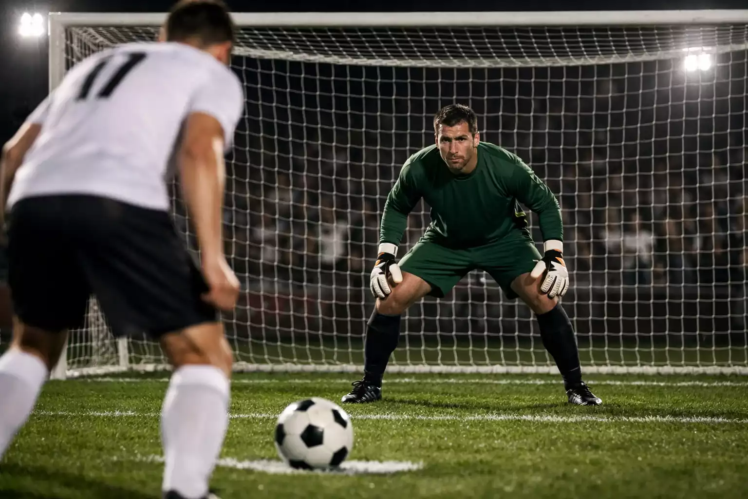 Jugadores de fútbol en tanda de penaltis con portero preparado en la línea de gol