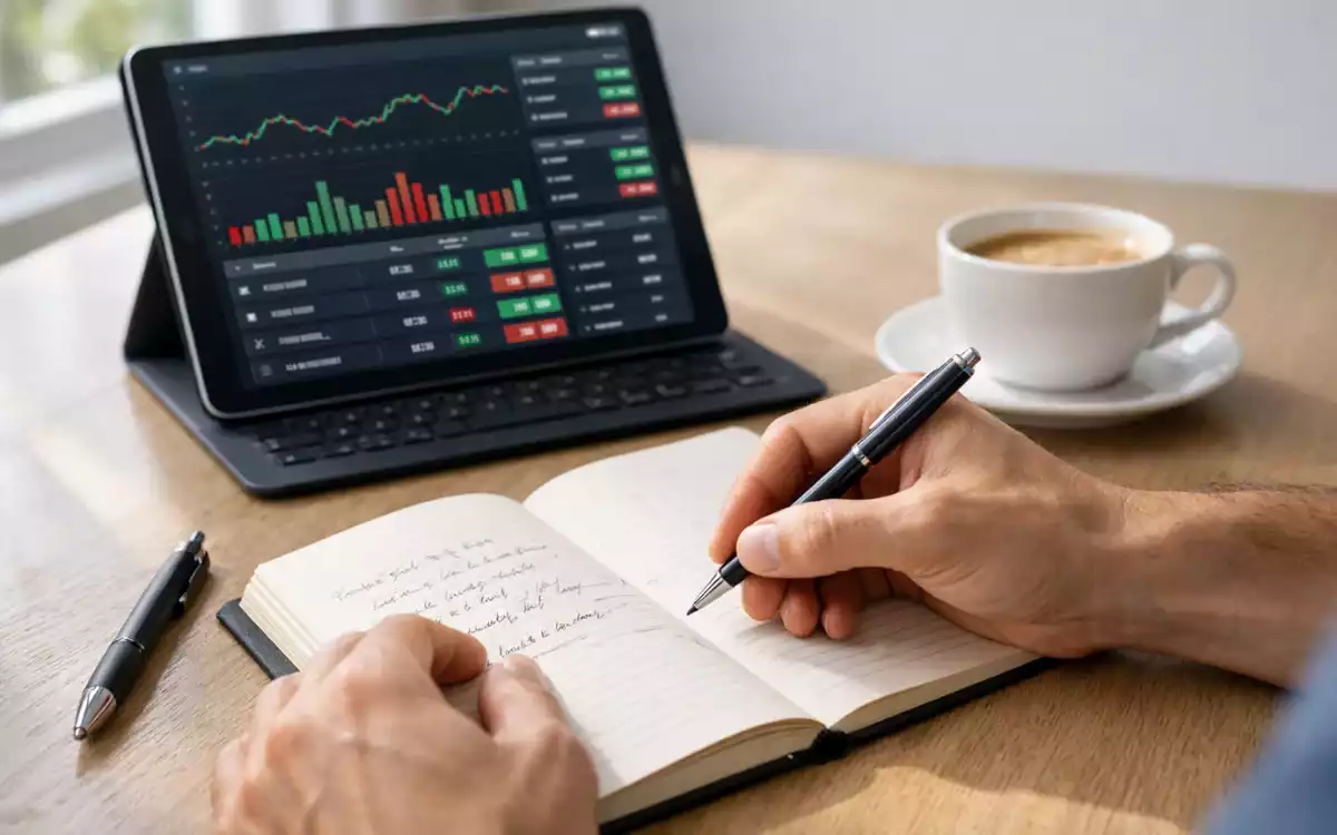 Persona tomando notas con libreta mientras analiza estadísticas deportivas