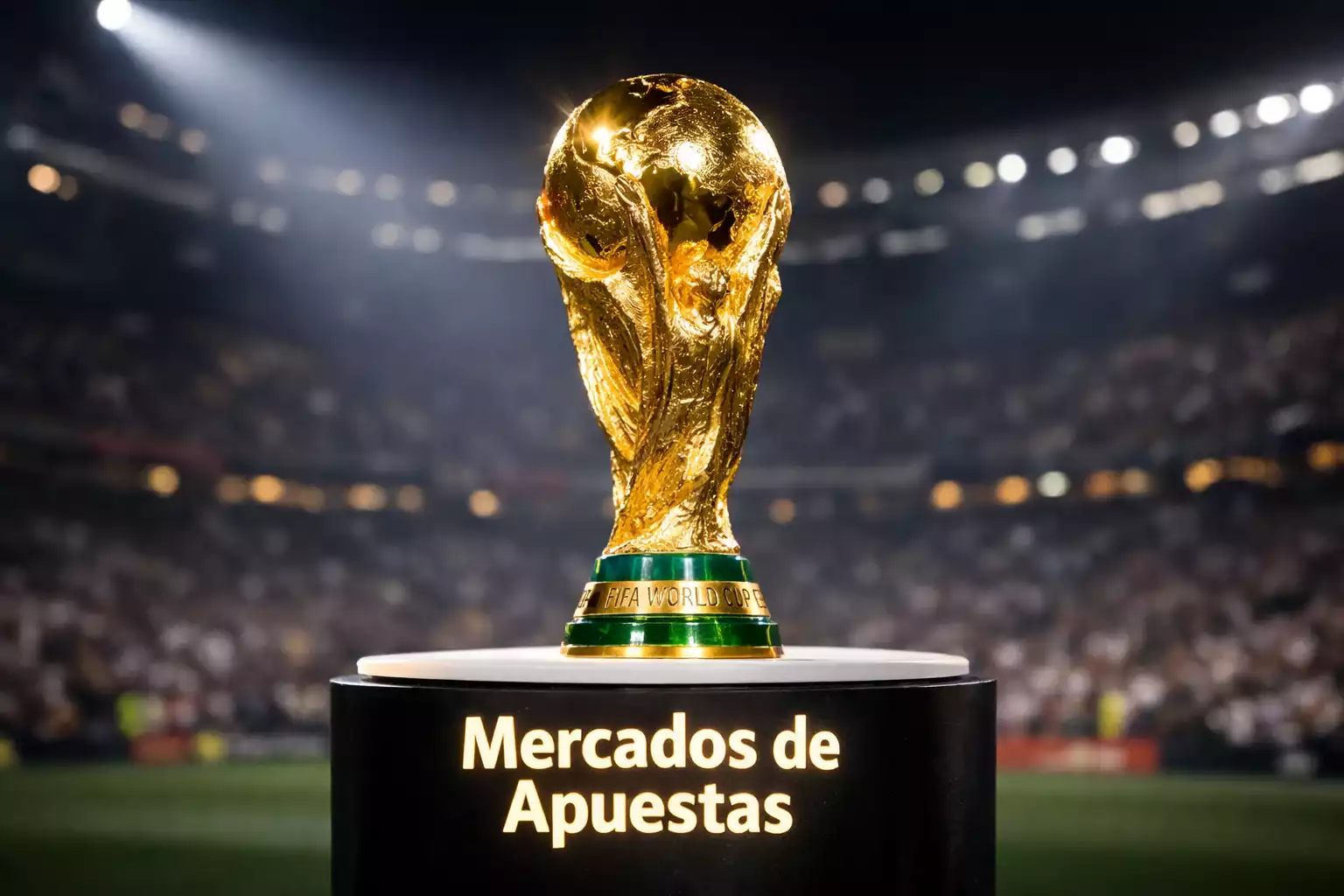 Trofeo de la Copa del Mundo iluminado en un estadio