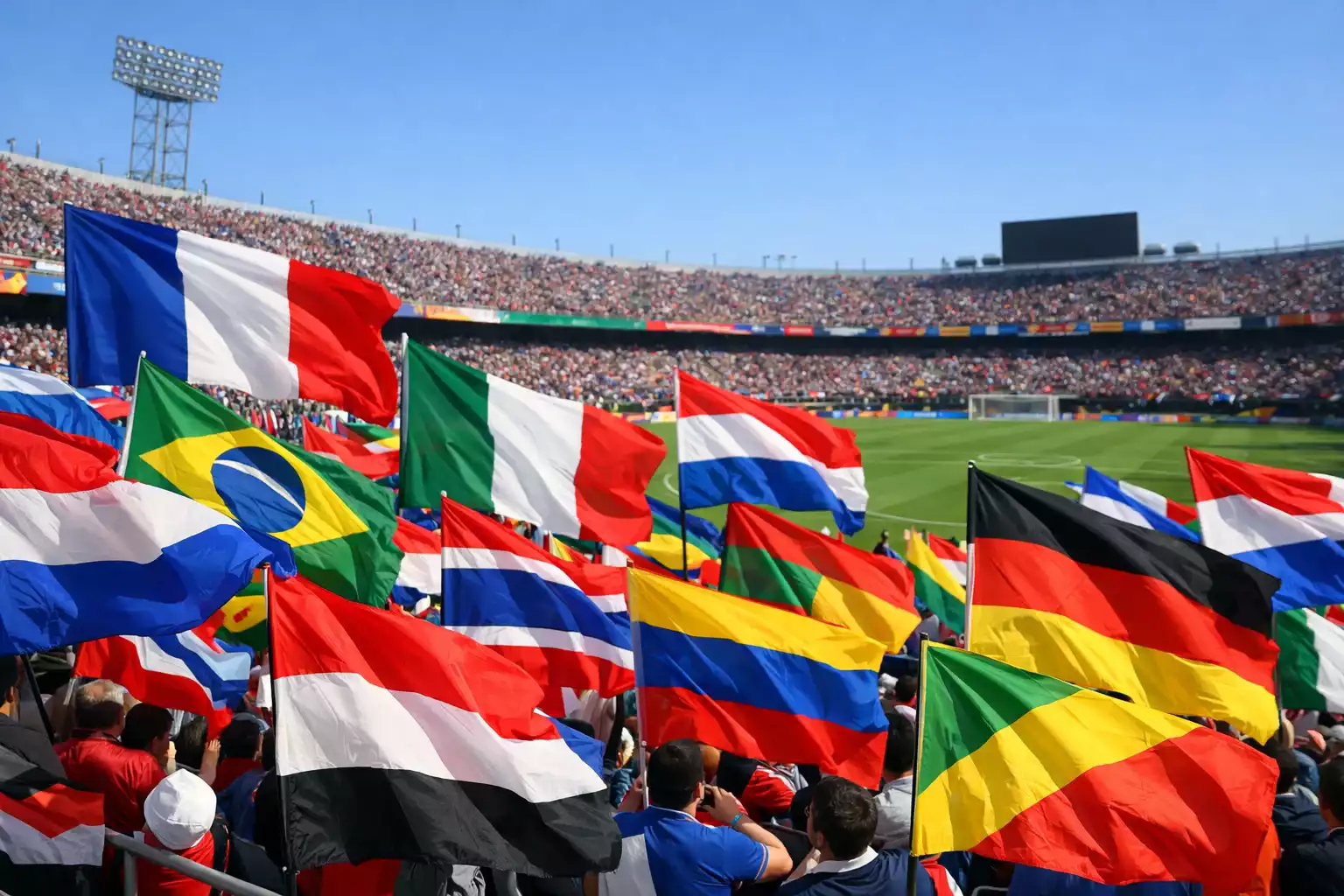 Banderas de diferentes selecciones de fútbol ondeando en un estadio
