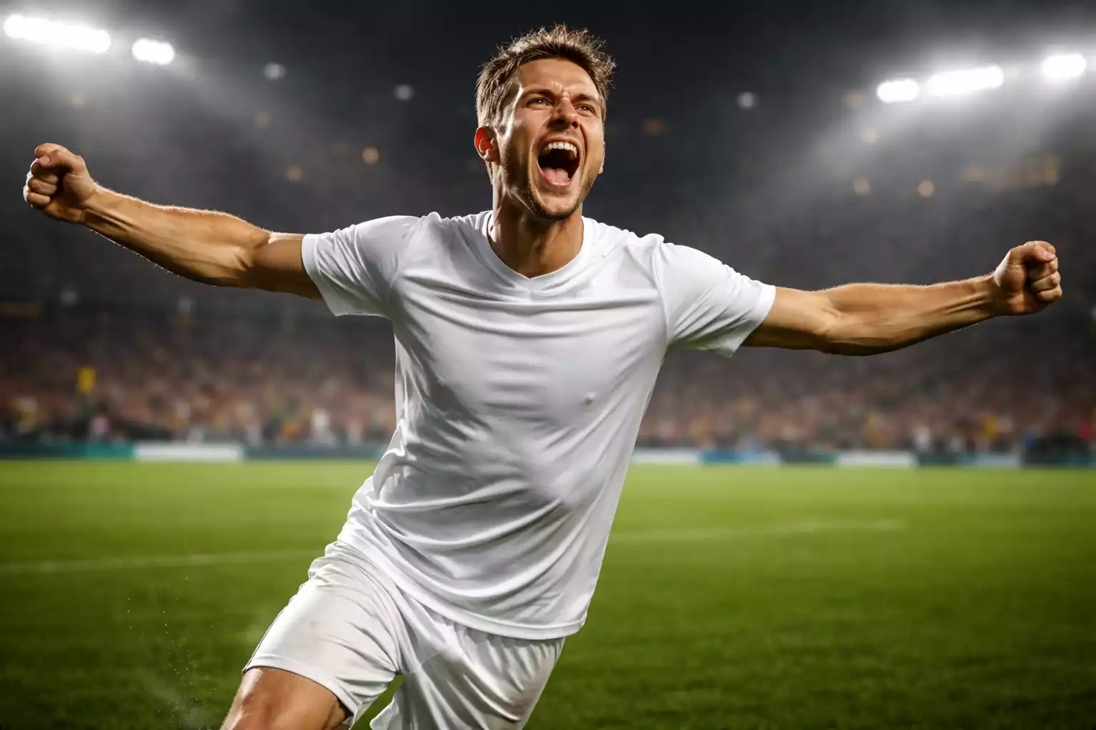 Jugador de fútbol celebrando un gol con los brazos abiertos