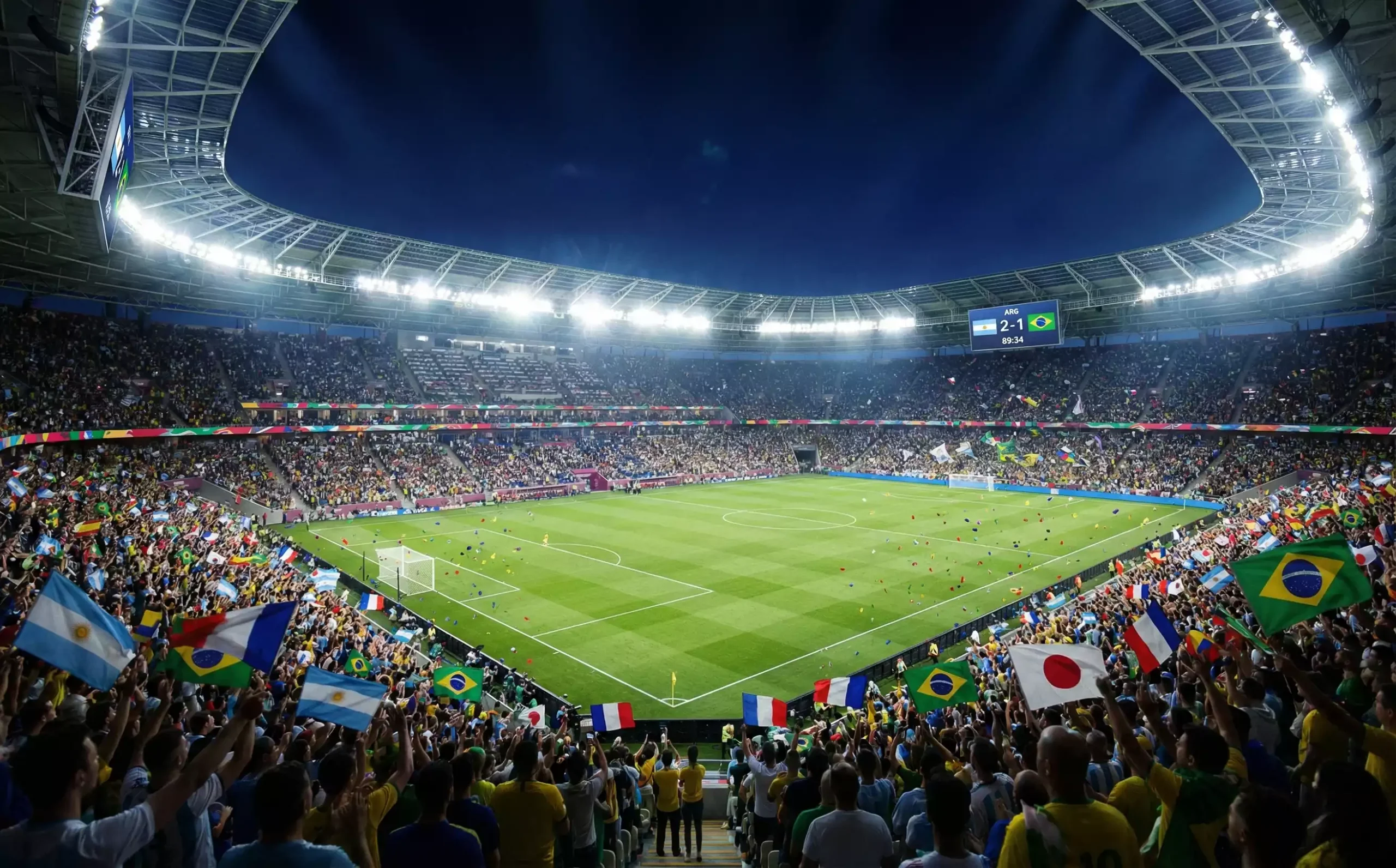 Estadio lleno de aficionados durante un partido del Mundial 2026 con banderas de diferentes países