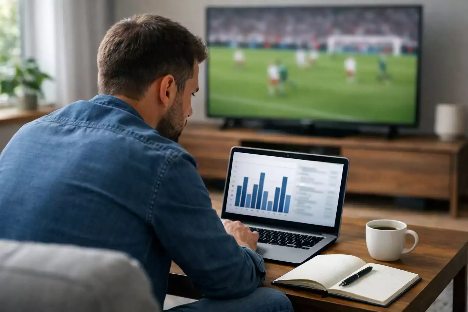Aficionado analizando estadísticas de fútbol en una pantalla con datos de partidos
